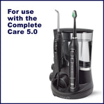 Product image of a Waterpik Complete Care water flosser and sonic toothbrush unit with text stating compatibility.