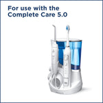 Product graphic showing a Waterpik Complete Care 5.0 unit and toothbrush, labeled for use with the Complete Care 5.0.