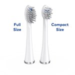 Pair of Waterpik brush heads side by side labeled 'Full Size' and 'Compact Size' with shadowed white background.