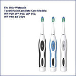 Graphic showing three Waterpik electric toothbrush handles with compatible replacement heads and model fit text.