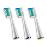Three white Waterpik sonic-style toothbrush replacement heads with blue and green bristles on white background.
