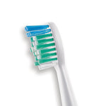 Close-up of a Waterpik sonic toothbrush replacement head showing layered blue, green, and white bristles.