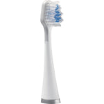 Single white Waterpik Triple Sonic replacement brush head shown upright, blue tufted bristles visible.