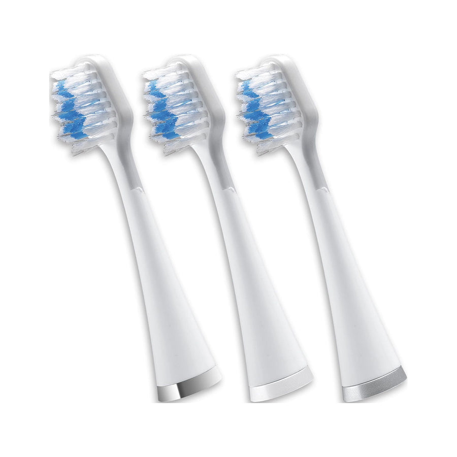Three white Waterpik Triple Sonic replacement toothbrush heads with blue indicator bristles on a white background.