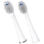 Two white Waterpik replacement toothbrush heads with angled bristle clusters and blue indicator bristle, isolated on white.