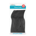 Front view of clear retail pack showing 24 black plastic forks under teal header that reads “Plastic Forks”