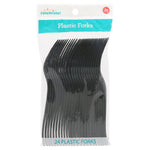 Clear retail bag of black plastic forks with teal header reading “Plastic Forks” and visible stacked utensils