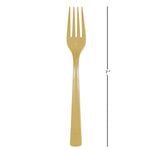 Gold disposable plastic fork shown with a vertical measurement line indicating 7 inches.