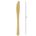 Gold disposable plastic serrated knife with a vertical measurement line indicating 7.25 inches.