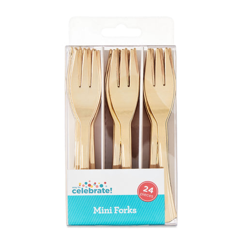 Clear retail box of gold disposable mini forks with branded label showing ‘Mini Forks’ and 24 pieces