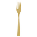 Single gold disposable plastic fork photographed vertically on a white background.