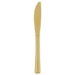 Single gold disposable plastic serrated knife shown vertically on a white background.