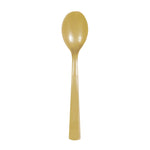 Single gold disposable plastic spoon photographed upright on a white background.