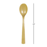 Gold disposable plastic spoon with a vertical measurement line indicating 6.5 inches on the right.
