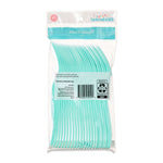 Rear view of clear retail bag showing mint plastic forks, barcode, and recycling/packaging information on label
