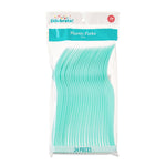 Clear retail bag of mint-colored disposable plastic forks with header card reading 'Plastic Forks'