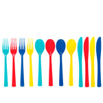 Row of multicolor disposable plastic forks, spoons and knives in teal, red, blue and yellow