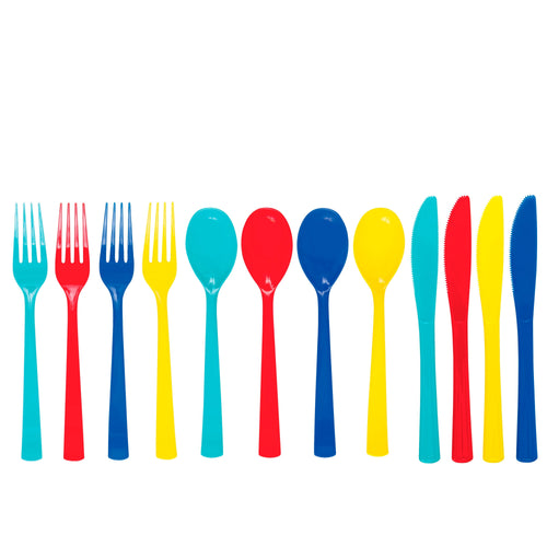 Row of multicolor disposable plastic forks, spoons and knives in teal, red, blue and yellow