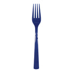 Single navy blue disposable plastic fork on a clean white background, glossy finish visible