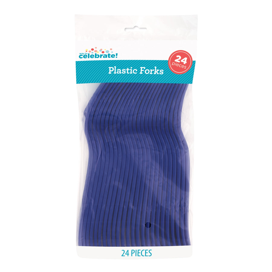 Clear retail package of Way to Celebrate navy plastic forks with visible teal header and 24 pieces badge