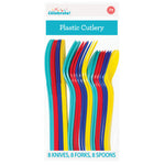 Packaged clear bag of Way To Celebrate plastic cutlery with visible colorful knives, forks and spoons