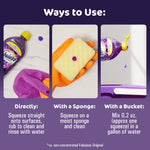 Instructional triptych showing Fabuloso poured on a cloth, a sponge with gel, and gel being added to a mop bucket with usage text.