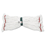 White looped-end wet mop head laid flat and folded at the center showing green headband and red woven trim on each end.