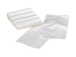 Four rolls and two unfolded translucent trash can liners displayed on a white background