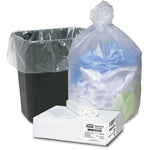 Translucent trash liner fitted in a waste bin, a tied full liner beside it, and a labeled product box with two rolled liners