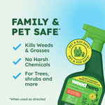 Graphic stating 'Family & Pet Safe' with a partial Weed Hero bottle and a circular pet-and-kid-safe seal.