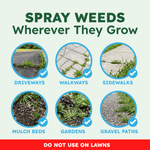 Graphic titled 'Spray Weeds Wherever They Grow' with circular photos of driveways, walkways, gardens and a 'Do not use on lawns' note.