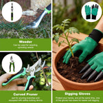Four-panel images showing weeder, curved pruner and digging gloves used in gardening with captions and tool close-ups