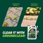 Marketing image of weeds in paver joints and close-up grass with product jug and call-to-action