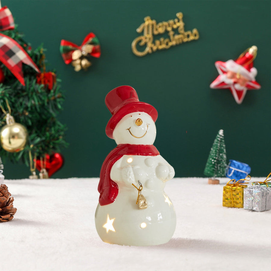 weibbin Lighted Ceramic Christmas Tree Snowman Decor Gift Porcelain White Ceramic Figurines with Lights for Table Centerpiece Mantel Tabletop Fireplace Xmas Holiday Winter Decor