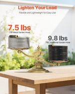 Scale graphic comparing weights of coiled metal garden hose versus traditional hose on a balance scale