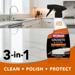 Weiman Granite & Stone 3-in-1 spray bottle composited over a bright kitchen countertop with “3-in-1 Clean + Polish + Protect” text