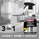 Weiman Stainless Steel spray bottle composited into a modern kitchen scene with 3-in-1 clean, shine, protect text.
