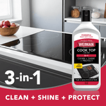 Weiman Cook Top Cream bottle over a clean glass cooktop in a kitchen scene with 3-in-1 product callout