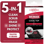 Red and black Weiman Cook Top kit packaging art showing '5-in-1' benefits and product photo of cream, scrubber and scraper