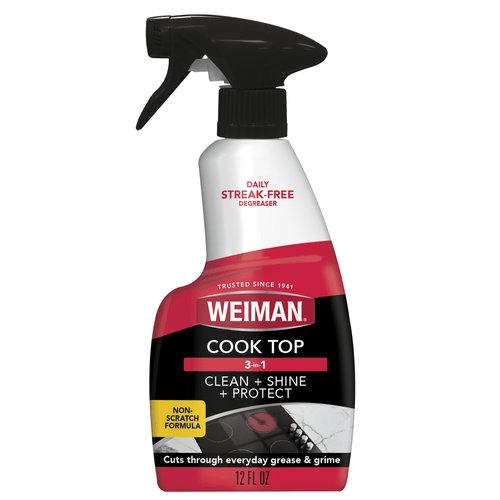 Weiman Cook Top spray bottle with black trigger and red/black label reading clean + shine + protect