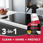 Weiman Cook Top spray bottle staged next to a glass cooktop with 3-in-1 clean + shine + protect branding