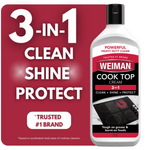 Weiman Cook Top Cream bottle graphic beside bold 3-in-1 clean, shine, protect text on red background