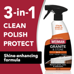 Weiman Granite & Stone 3-in-1 spray bottle shown with bold text “3-in-1 Clean Polish Protect” and shine-enhancing callout