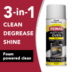 Weiman Heavy Duty Oven cleaner aerosol can next to bold 3-in-1 text and foam-powered clean callout