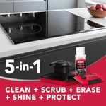 Weiman cooktop cleaning kit placed in front of a glossy glass cooktop with '5-in-1' and benefits text overlay