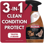 Product graphic showing a Weiman Leather Conditioner spray bottle with bold 3-in-1 clean condition protect text on a red background.