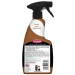 Rear view of a Weiman leather cleaner and conditioner spray bottle showing label text, barcode and usage information.