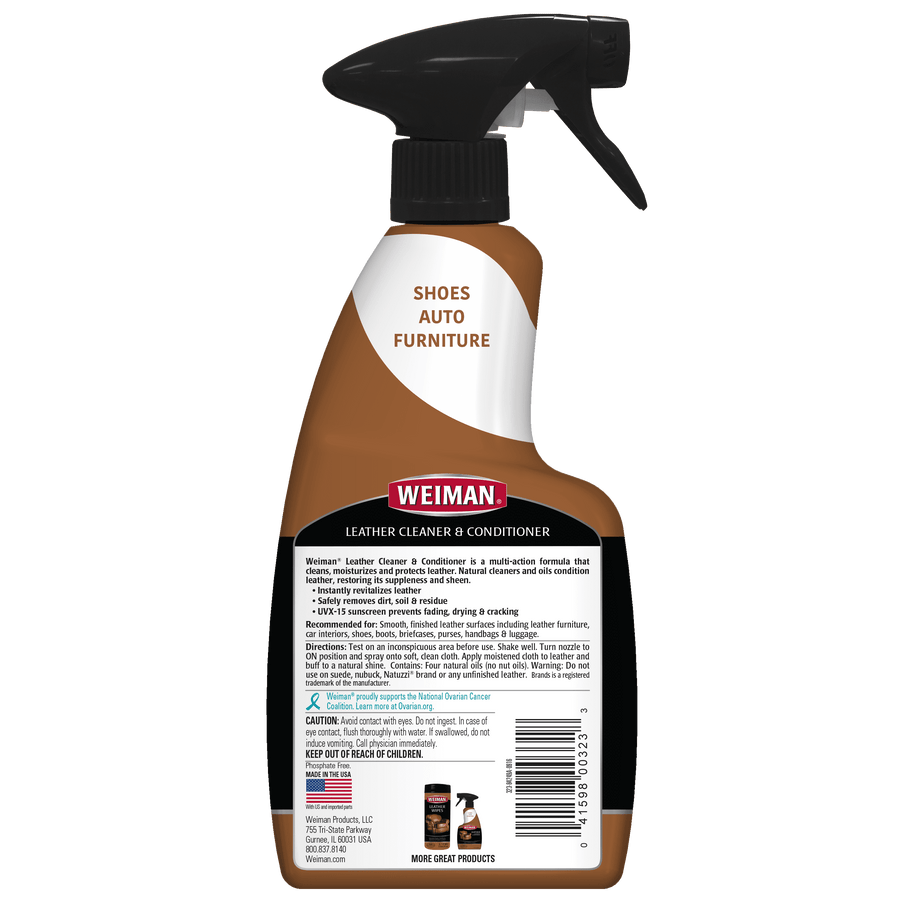 Rear view of a Weiman leather cleaner and conditioner spray bottle showing label text, barcode and usage information.