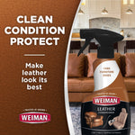 Weiman Leather Conditioner spray bottle overlaid on a living room scene with text reading clean condition protect and make leather look its best.