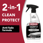 Weiman Quartz & Stone 2-in-1 spray bottle shown with bold text advertising clean and protect
